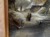 a painting of a man walking down a snowy street