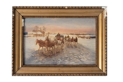 tableau représentant un groupe de chevaux tirant une charrette dans la neige