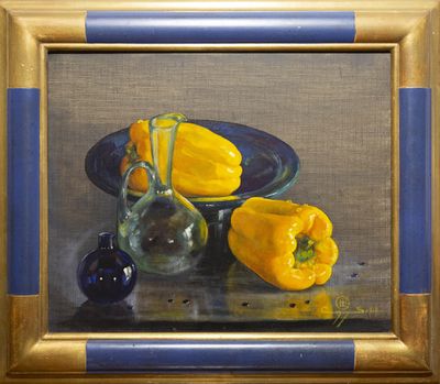 une peinture représentant des poivrons jaunes et un bol bleu posés sur une table