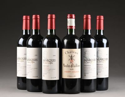 six bouteilles de vin rouge sont alignées