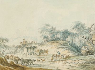un tableau représentant un groupe de personnes et d'animaux dans un champ