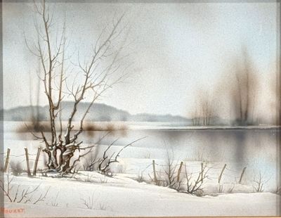painting of a snowy landscape with a lake and trees in the background
