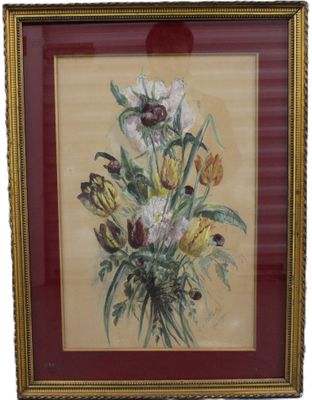 painting of a bouquet of flowers in a gold frame on a white background