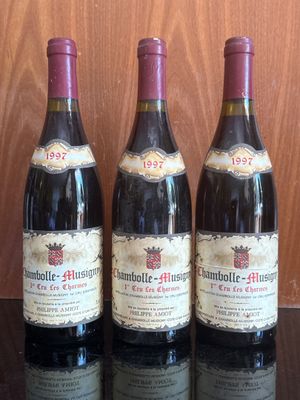 three bottles of wine sit on a table in front of a wooden wall