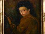a painting of a young boy holding a violin in a gold frame