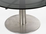 a glass table with a metal base and a circular glass table top