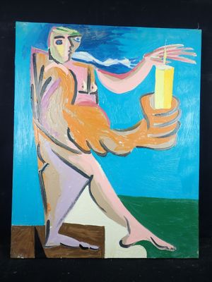 tableau représentant une femme assise sur une chaise, une bougie à la main