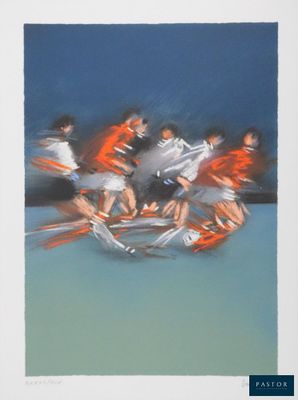 a painting of a group of people riding on a bike