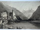 un dessin représentant un château au milieu d'un lac