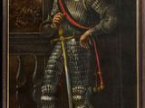 painting of a man in armor with a sword in a room