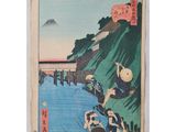 a painting of a man on a boat in a body of water with a mountain in the background