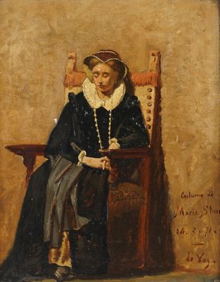 painting of a woman in a black dress sitting on a chair