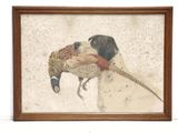 tableau représentant un chien avec un faisan, ce dernier étant dans sa gueule