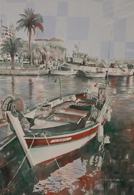 a painting of a red and white boat in the water