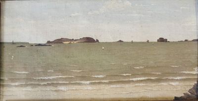 une photo d'un tableau représentant une plage avec un bateau dans l'eau