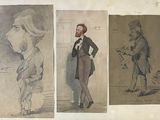 trois dessins représentant des hommes en tenue de cérémonie et coiffés d'un chapeau, dont l'un porte la barbe