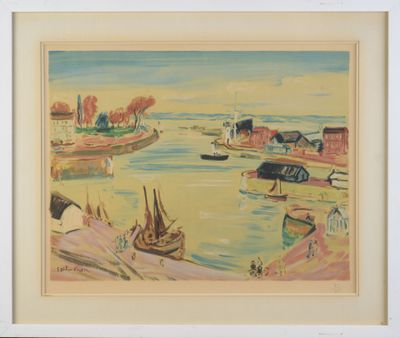 an image of a painting of a harbor scene with boats in the water
