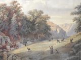 un tableau représentant un paysage de montagne avec des personnages et des animaux au bord d'un ruisseau