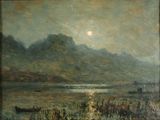 tableau représentant un lac avec une montagne en arrière-plan
