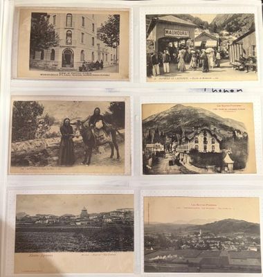 several old black and white photographs of people in a village