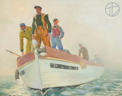 a painting of a group of men on a boat in the water