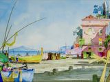 un tableau représentant une scène de plage avec des bateaux et des bâtiments