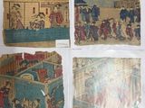 four pictures of a series of paintings of people in a building