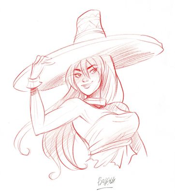 a drawing of a woman wearing a large hat and holding a wand