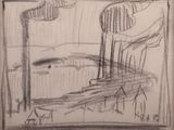 dessin au crayon représentant une vue de la ville depuis une fenêtre