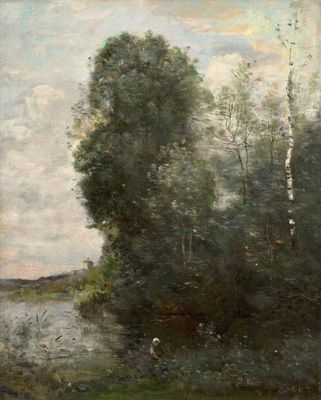un tableau représentant une rivière avec des arbres et une personne au premier plan