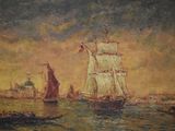 painting of a painting of a ship in the water with other boats in the background