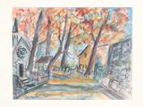 painting of a street scene with a church and trees in the background