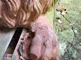 a statue of a lion that is sitting on a wooden bench