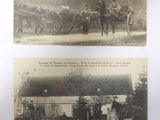 two old black and white photos of horses and people in front of a building