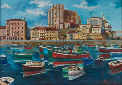 painting of boats in a harbor with a castle in the background