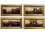 quatre tableaux encadrés représentant des hommes à cheval dans un paysage