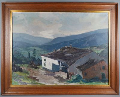 an oil painting of a farm scene with a barn and mountains in the background