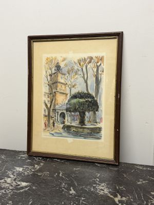 une image représentant un tableau représentant une fontaine dans un parc