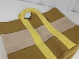 beige and yellow striped knitted tote bag with yellow handles