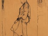 drawing of a man standing in front of a door with a coat on