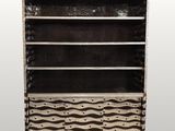 a black and white bookcase with three shelves and two drawers