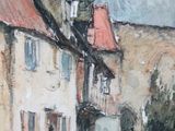 peinture d'une scène de rue avec des bâtiments et une personne marchant dans la rue