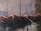 a painting of boats docked on the shore of the water