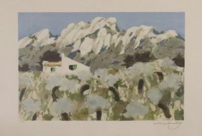 une image représentant une peinture d'une chaîne de montagnes avec une maison au premier plan