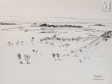 dessin représentant un troupeau de moutons traversant un champ enneigé