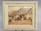 painting of a village scene with a horse drawn carriage in front of a house