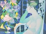 une peinture représentant une femme assise sur une chaise à côté d'un vase de fleurs