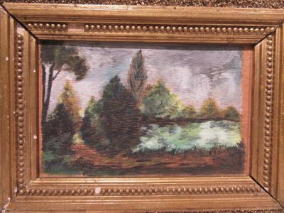 tableau représentant un paysage avec des arbres et une rivière, dans un cadre doré