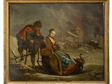 an old painting of a man and a woman sitting on a sled