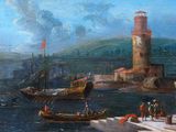 a painting of a harbor scene with boats and a lighthouse